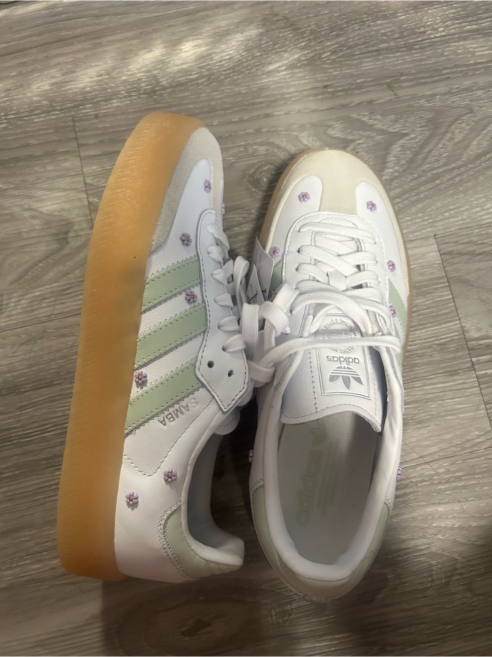 adidas White Sneakers with Light Green Stripes & Gum Sole